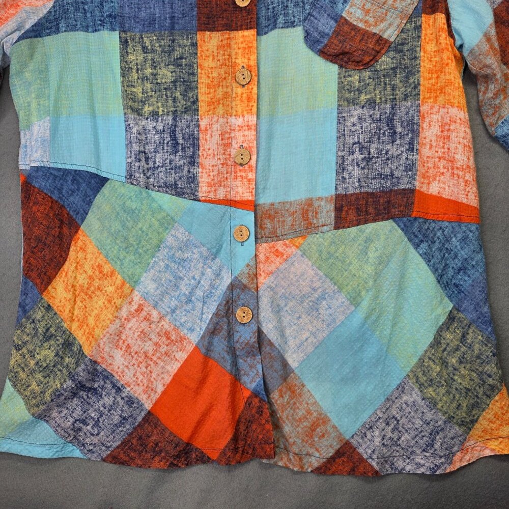 Terra Shirt Womens L Colorful Patchwork Wire Ruffle Collar Boho Tunic SJ Apparel - Picture 3 of 15